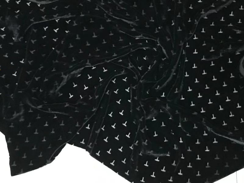 TZIWEN - Black Base with T-shaped Pattern and  Semi-sheer with a Draping Effect Sheer Burnout Silk Velvet Satin Fabric - 140cm wide by the Yard