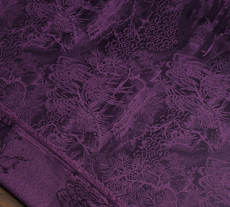 BUSZISH - Dark Purple Landscape and Small Tree Jacquard Satin Polyester Fabric - 152cm by the yard