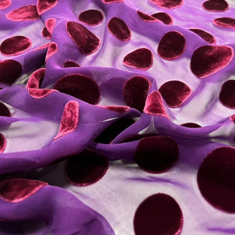 BODIAZ - Hepburn-style Purple Polka Dots Semi-sheer with a Draping Effect Sheer Burnout Silk Velvet Satin Fabric - 120cm wide by the Yard