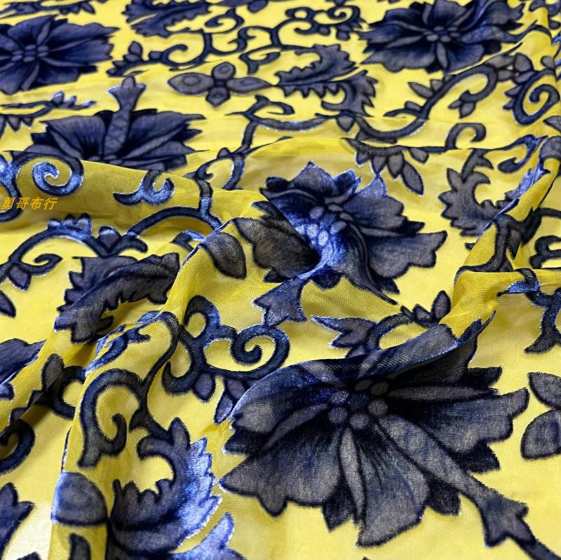 YELLAN - Semi-sheer with a Draping Effect Hot Stamping Sheer Burnout Silk Velvet Satin Fabric - 110cm wide by the Yard