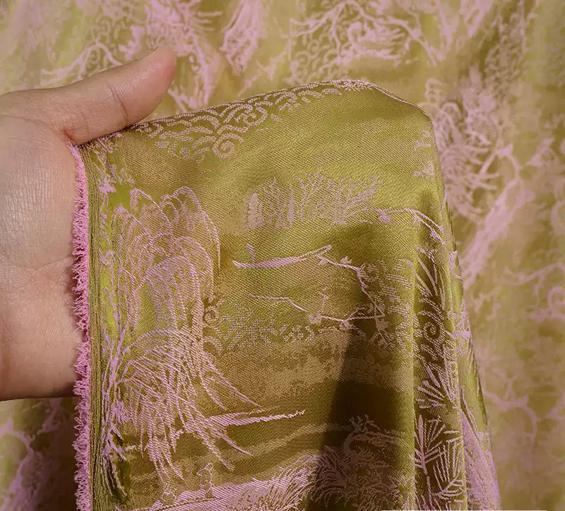 BUSGUOL - Kiwi Green and Small Tree Jacquard Satin Polyester Fabric - 152cm by the yard