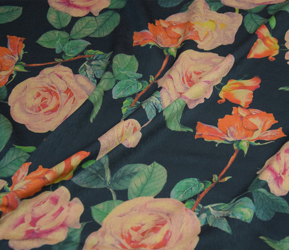 XLHDMG - Handmade 23 Momme Rose Printed Mud Silk Satin Fabric - 132cm By the Yard