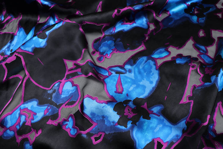 JFHSSH - 21 Momme Black and Blue Bicolor Flower Pattern Sheer Burnout Silk Devore Satin Fabric - 140cm wide by the Yard