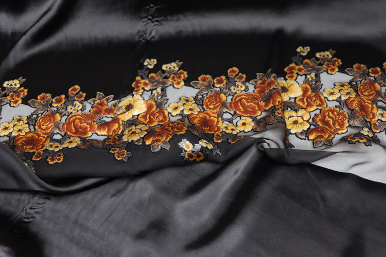 JFHDWJ - 21 Momme Golden Flower Pattern Sheer Burnout Silk Devore Satin Fabric - 114cm wide by the Yard