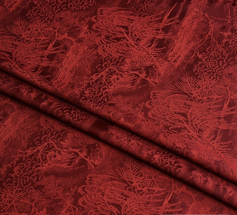 BUSREDS - Imperial Vermilion Landscape and Small Tree Jacquard Satin Polyester Fabric - 152cm by the yard