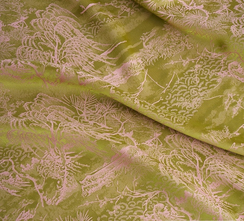 BUSGUOL - Kiwi Green and Small Tree Jacquard Satin Polyester Fabric - 152cm by the yard