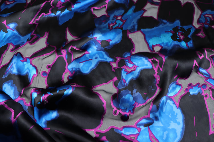 JFHSSH - 21 Momme Black and Blue Bicolor Flower Pattern Sheer Burnout Silk Devore Satin Fabric - 140cm wide by the Yard