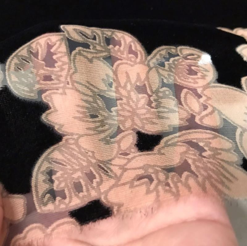 YELMEI - Flower Pattern on Black Background Semi-sheer with a Draping Effect  Burnout Silk Velvet Satin Fabric - 114cm wide by the Yard