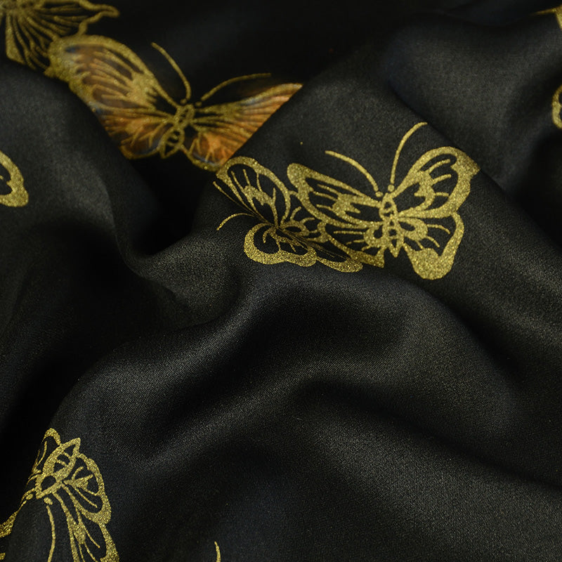 YPABQI - Handmade 40 Momme Double-Faced Heavy Satin with Hand-Drawn Butterfly Motifs Mud Silk Satin Fabric - 112cm By the Yard