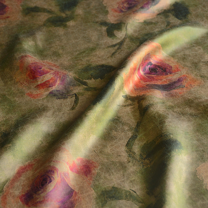 YPQSAW - Handmade 30 Momme Crackle Rose Pattern Print Mud Silk Fabric - 110cm by the Yard