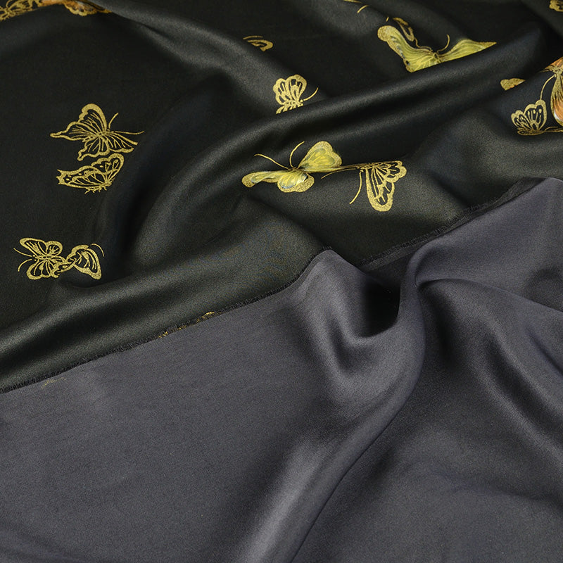 YPABQI - Handmade 40 Momme Double-Faced Heavy Satin with Hand-Drawn Butterfly Motifs Mud Silk Satin Fabric - 112cm By the Yard