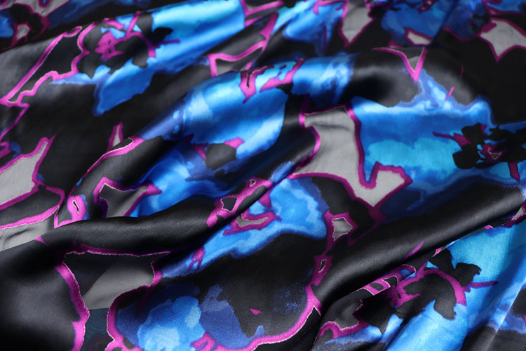 JFHSSH - 21 Momme Black and Blue Bicolor Flower Pattern Sheer Burnout Silk Devore Satin Fabric - 140cm wide by the Yard