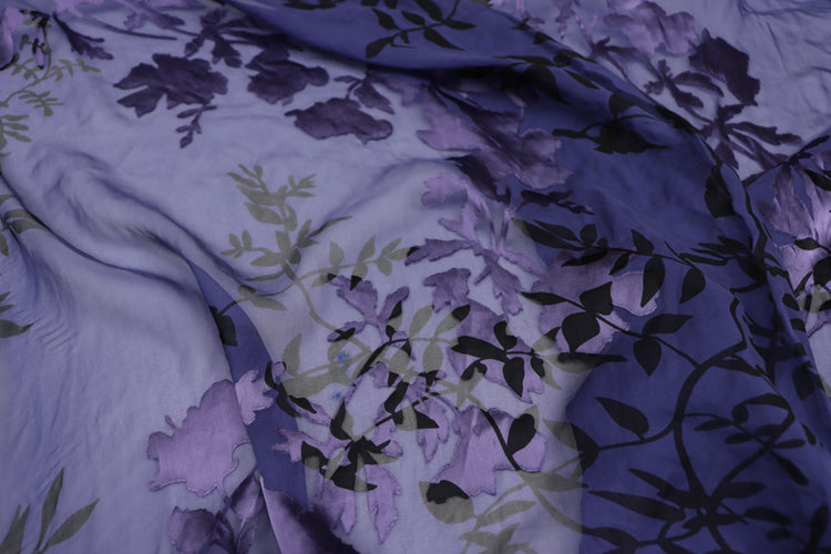 JFHLZT - 9 Momme Navy Blue Branches Sheer Burnout Silk Devore Satin Fabric - 140cm wide by the Yard