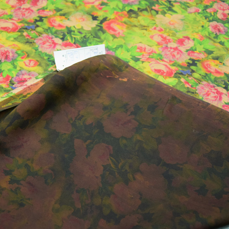 XLLLXH - Handmade 23 Momme Green Flowers Printed Mud Silk Satin Fabric - 110cm By the Yard