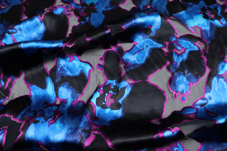 JFHSSH - 21 Momme Black and Blue Bicolor Flower Pattern Sheer Burnout Silk Devore Satin Fabric - 140cm wide by the Yard