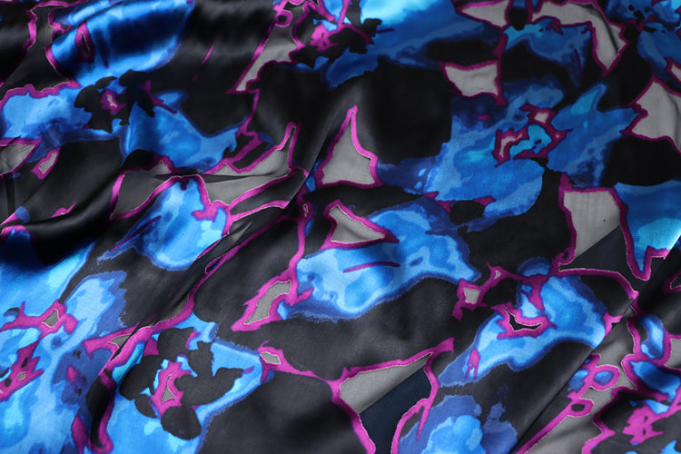 JFHSSH - 21 Momme Black and Blue Bicolor Flower Pattern Sheer Burnout Silk Devore Satin Fabric - 140cm wide by the Yard