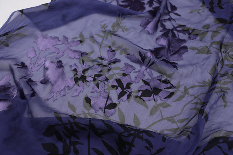 JFHLZT - 9 Momme Navy Blue Branches Sheer Burnout Silk Devore Satin Fabric - 140cm wide by the Yard