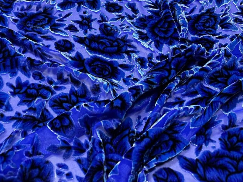 BLSMUD - Luxurious Blooming Peony Pattern Semi-sheer with a Draping Effect Sheer Burnout Silk Velvet Satin Fabric - 114cm wide by the Yard