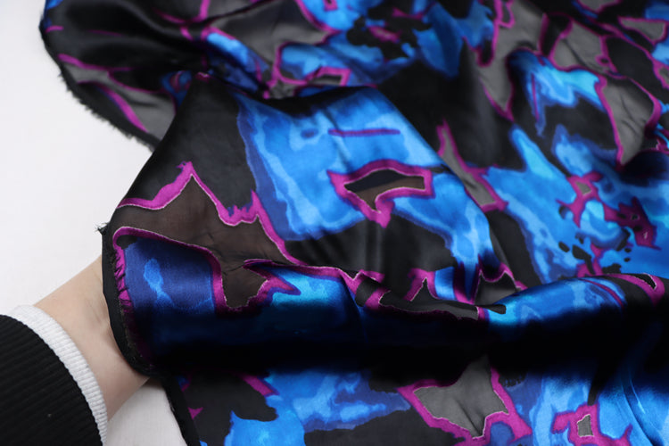 JFHSSH - 21 Momme Black and Blue Bicolor Flower Pattern Sheer Burnout Silk Devore Satin Fabric - 140cm wide by the Yard