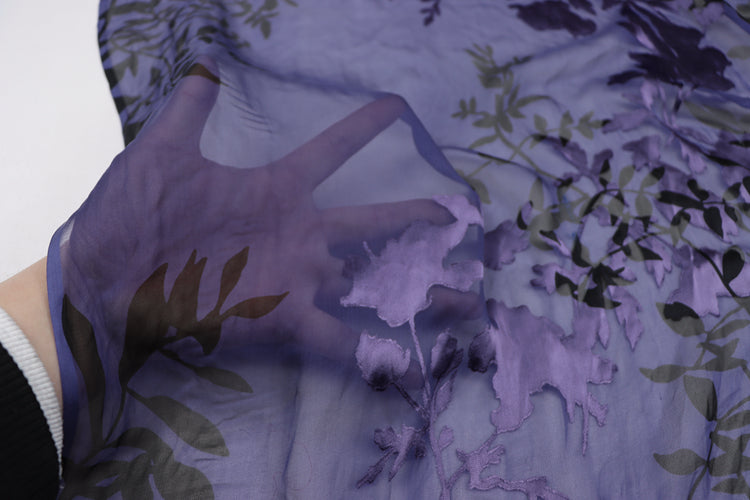 JFHLZT - 9 Momme Navy Blue Branches Sheer Burnout Silk Devore Satin Fabric - 140cm wide by the Yard