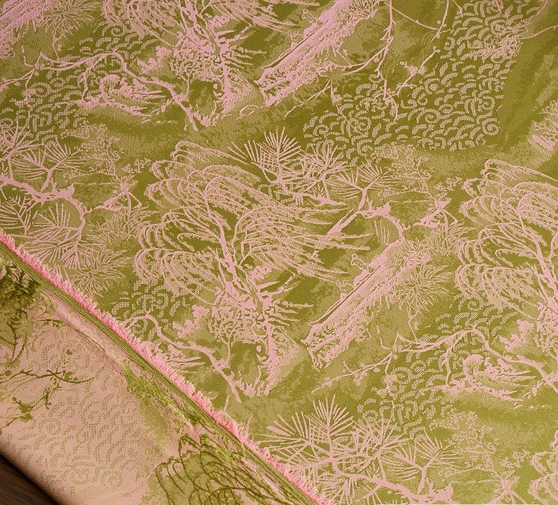 BUSGUOL - Kiwi Green and Small Tree Jacquard Satin Polyester Fabric - 152cm by the yard