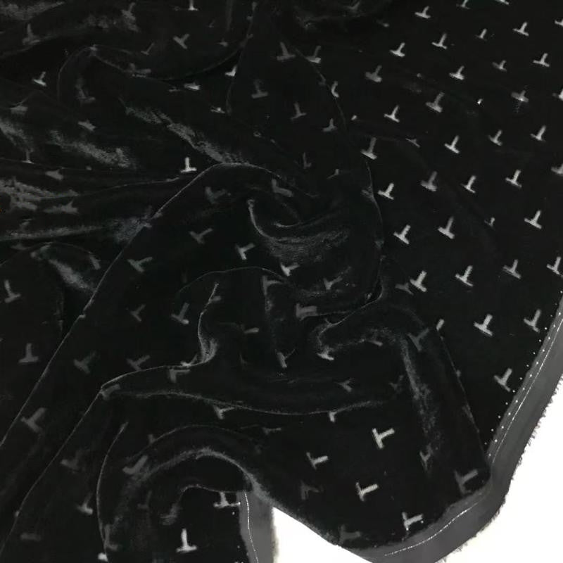 TZIWEN - Black Base with T-shaped Pattern and  Semi-sheer with a Draping Effect Sheer Burnout Silk Velvet Satin Fabric - 140cm wide by the Yard