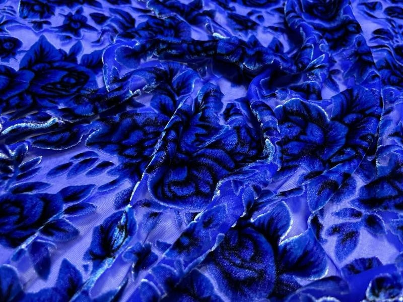 BLSMUD - Luxurious Blooming Peony Pattern Semi-sheer with a Draping Effect Sheer Burnout Silk Velvet Satin Fabric - 114cm wide by the Yard