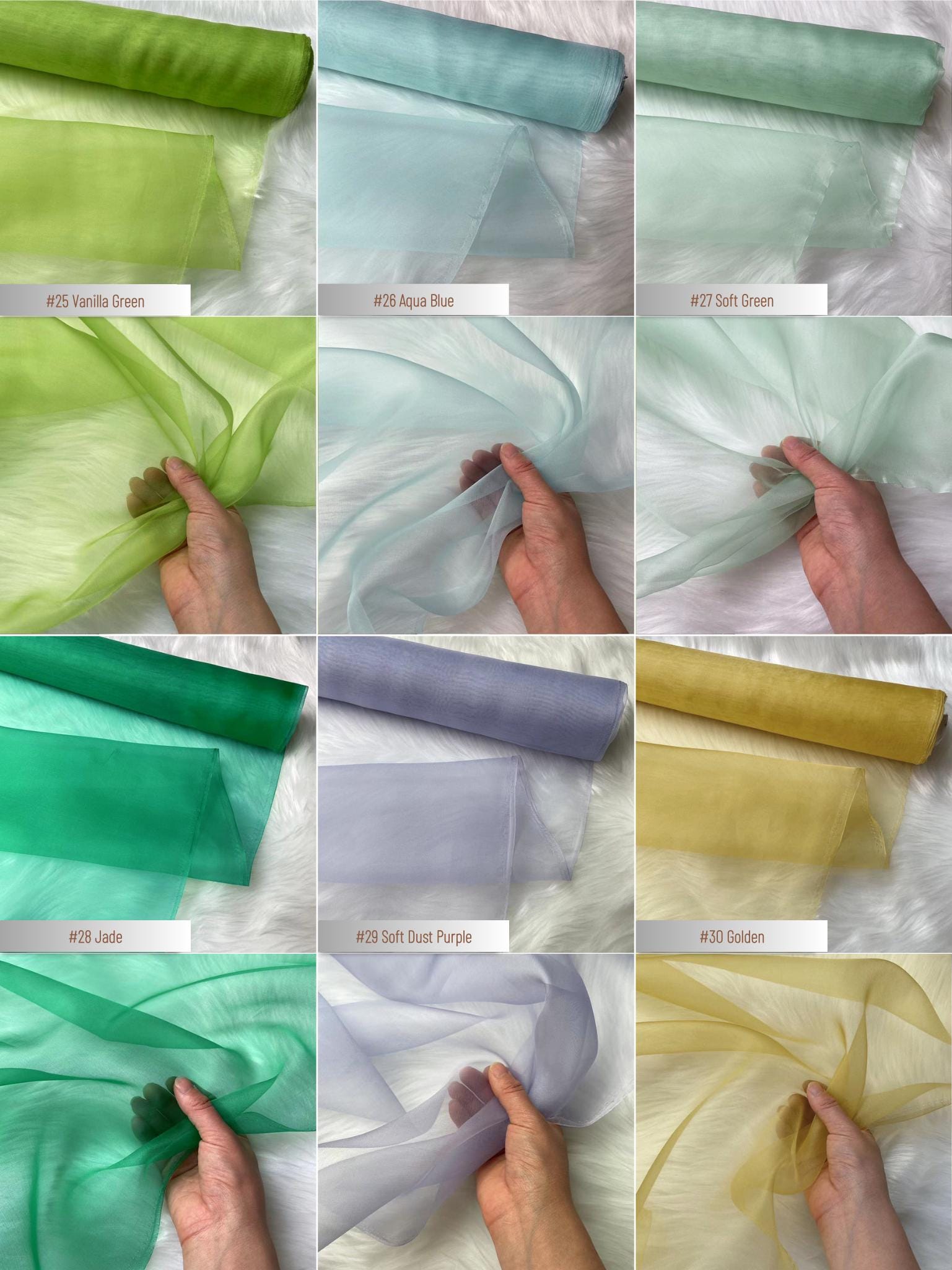 100% Silk Organza, 6 Momme 60 Solid Colors Silk Fabric, 140cm wide by the Yard or Meter