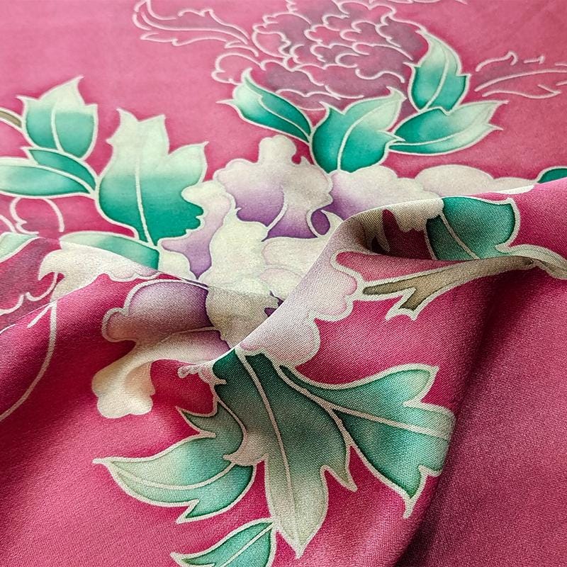GYHDMD - Red Handmade 40 Momme Painted Peony Mud Silk Satin Fabric - 112cm By the Yard