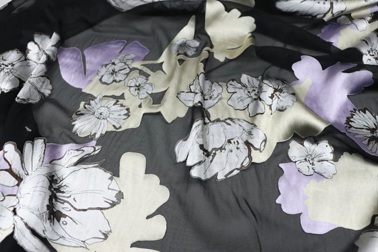 JFHHDHR - Silk Devore Satin Fabric,  16 Momme Black Burnout Big Floral , 130 cm Wide by the Yard