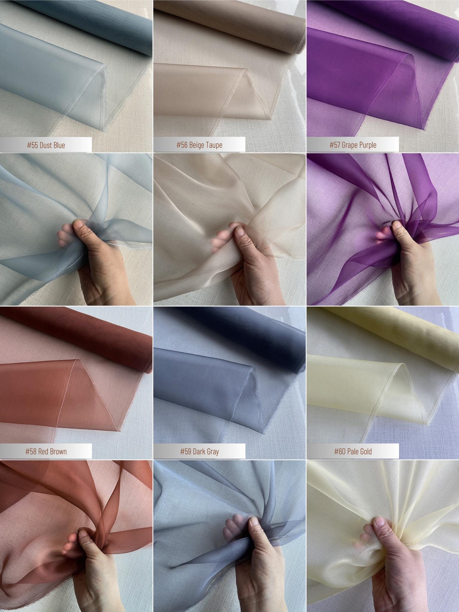 100% Silk Organza, 6 Momme 60 Solid Colors Silk Fabric, 140cm wide by the Yard or Meter