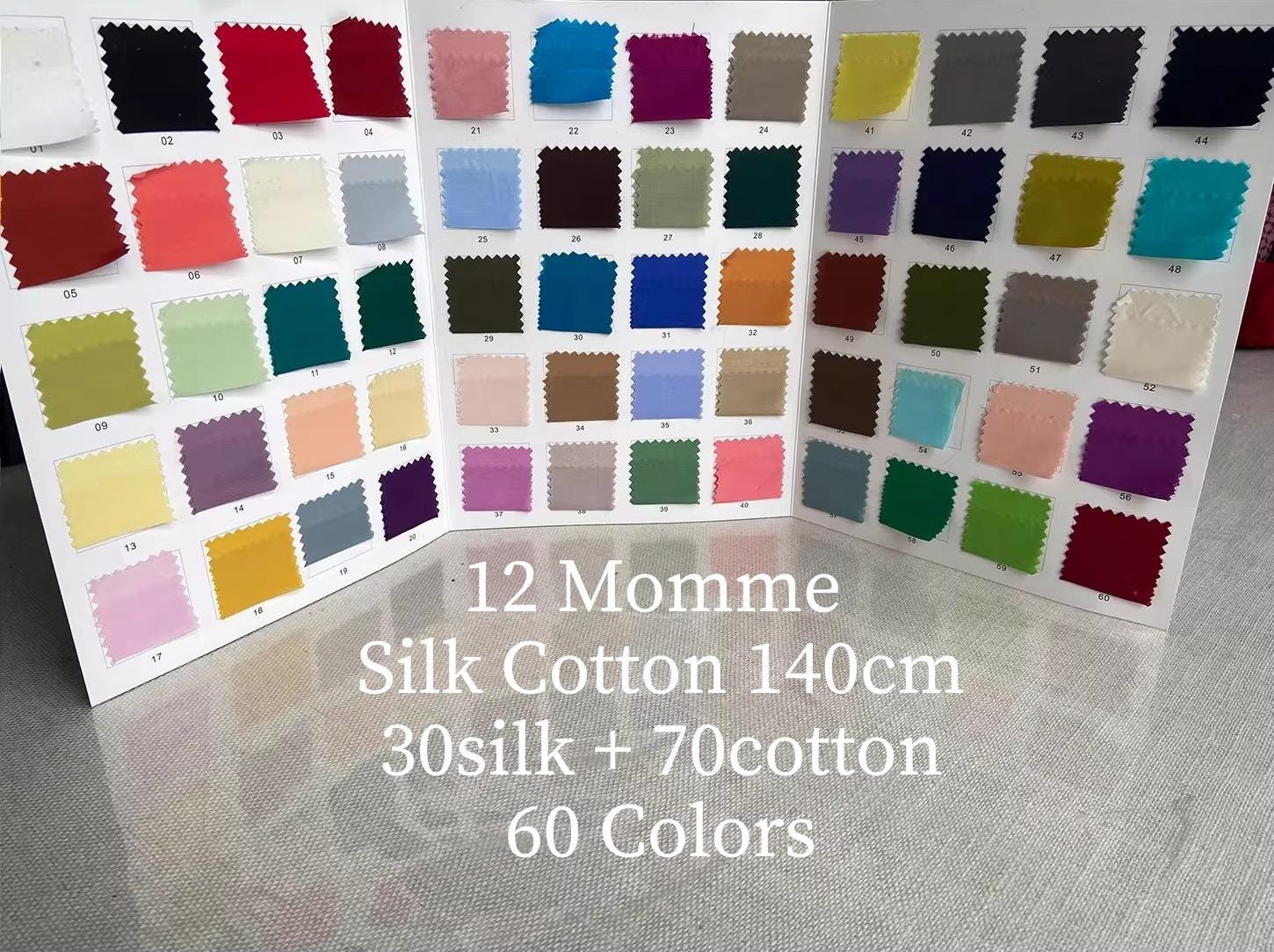 Silk Cotton fabric, 12 momme 140cm wide by the Yard, 60 solid colors