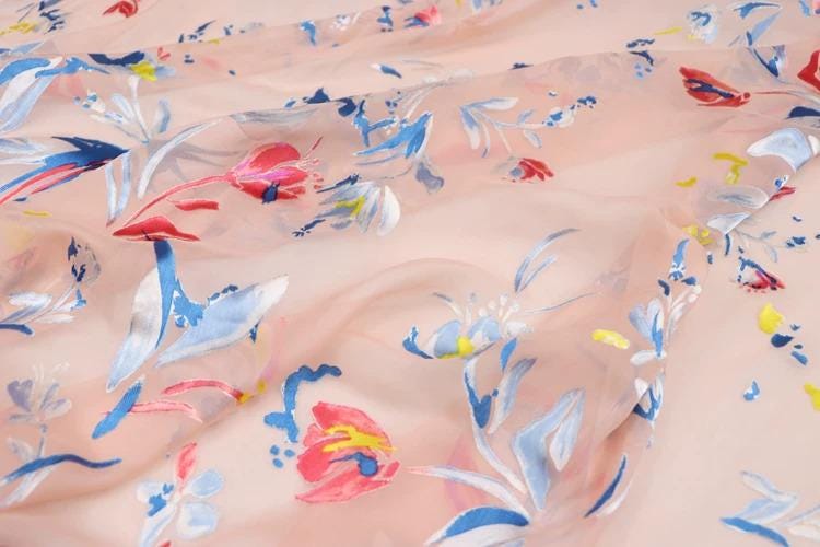 a close-up view of a fabric with a floral pattern in shades of pink, blue, and white. The pattern consists of various flowers and leaves, creating a visually appealing and intricate design.