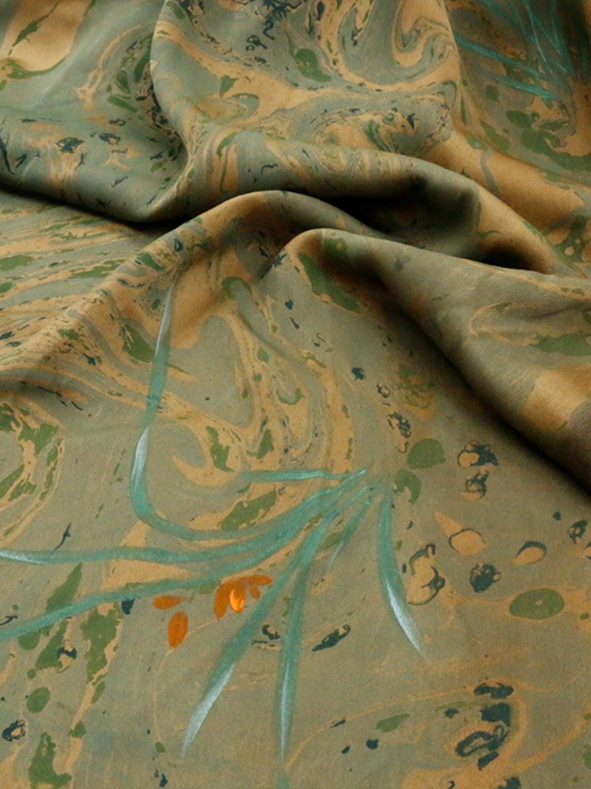 MOCILH - Handmade 38 Momme Hand Drawn Orchids Inkwell Technique Mud Silk Satin Fabric By the Yard