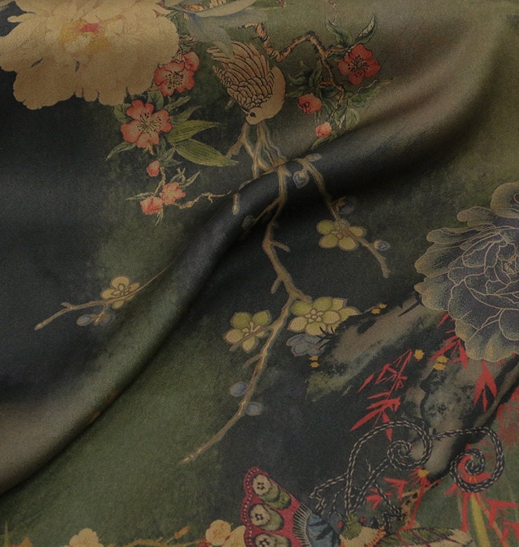 DIEXIMD - 28 Momme Peony Butterfly Print Double-Sided Satin Mud Silk Fabric - 108cm wide by the Yard