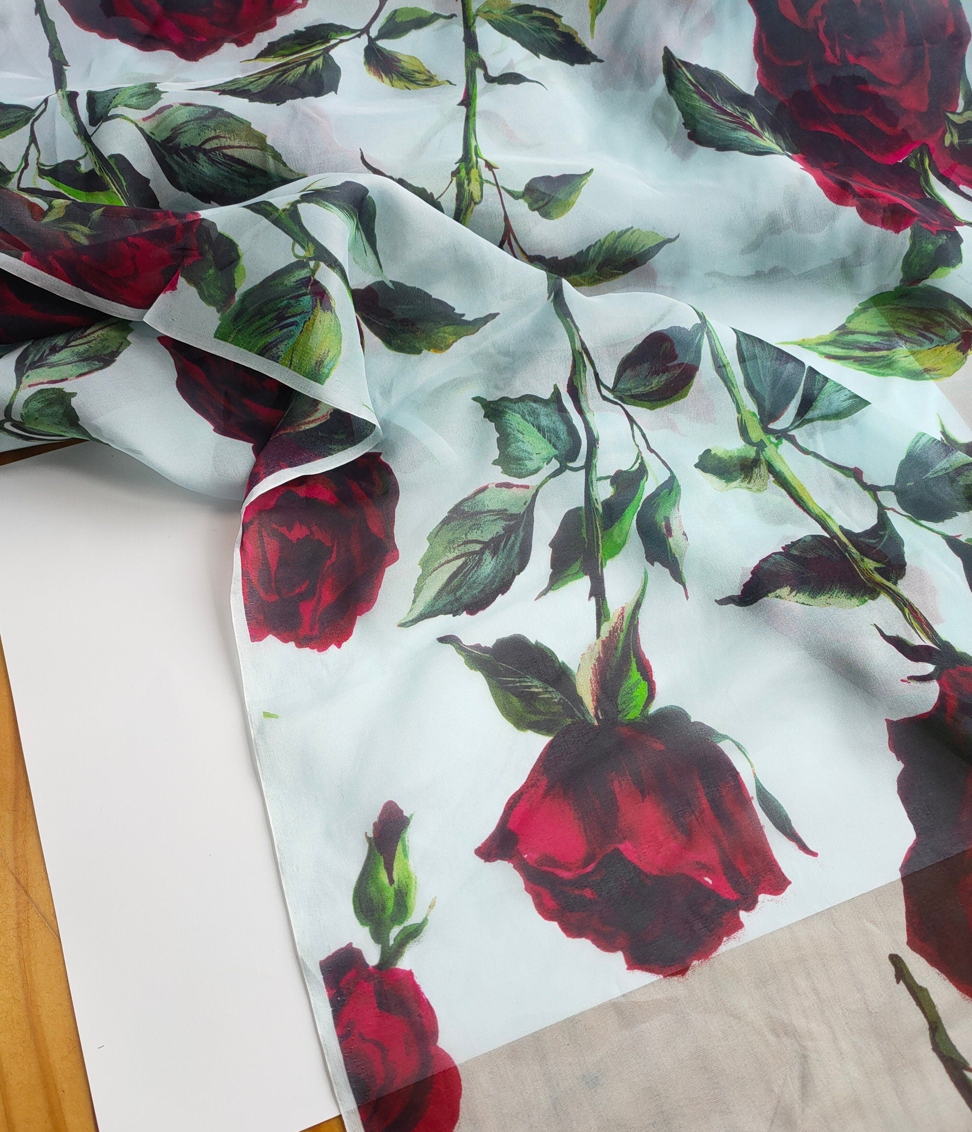 HONGMG - 10 Momme Red Rose on Light Blue Silk Chiffon Fabric - 130cm wide by the Yard