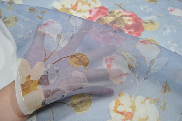 JFHOGH - 8 Momme Blue Silk Organza with Floral Print Silk Fabric - 138cm wide By the Yard