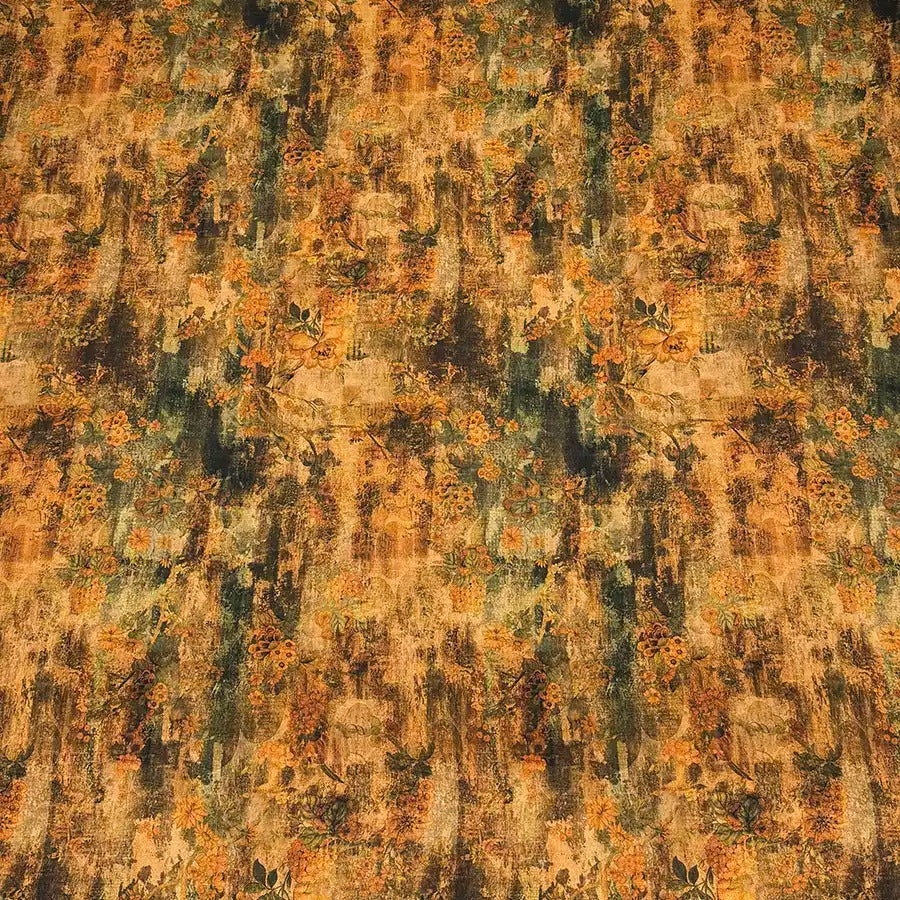 The image is a close-up of a textured fabric with a pattern of orange, green, and brown colors. The fabric appears to be a piece of clothing or textile, with a textured and multicolored appearance.