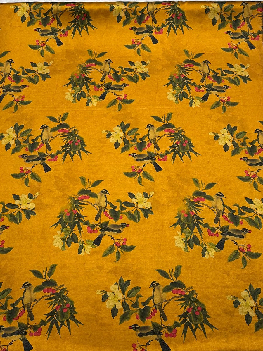 a repeating pattern of birds perched on branches with flowers, all set against a yellow background.