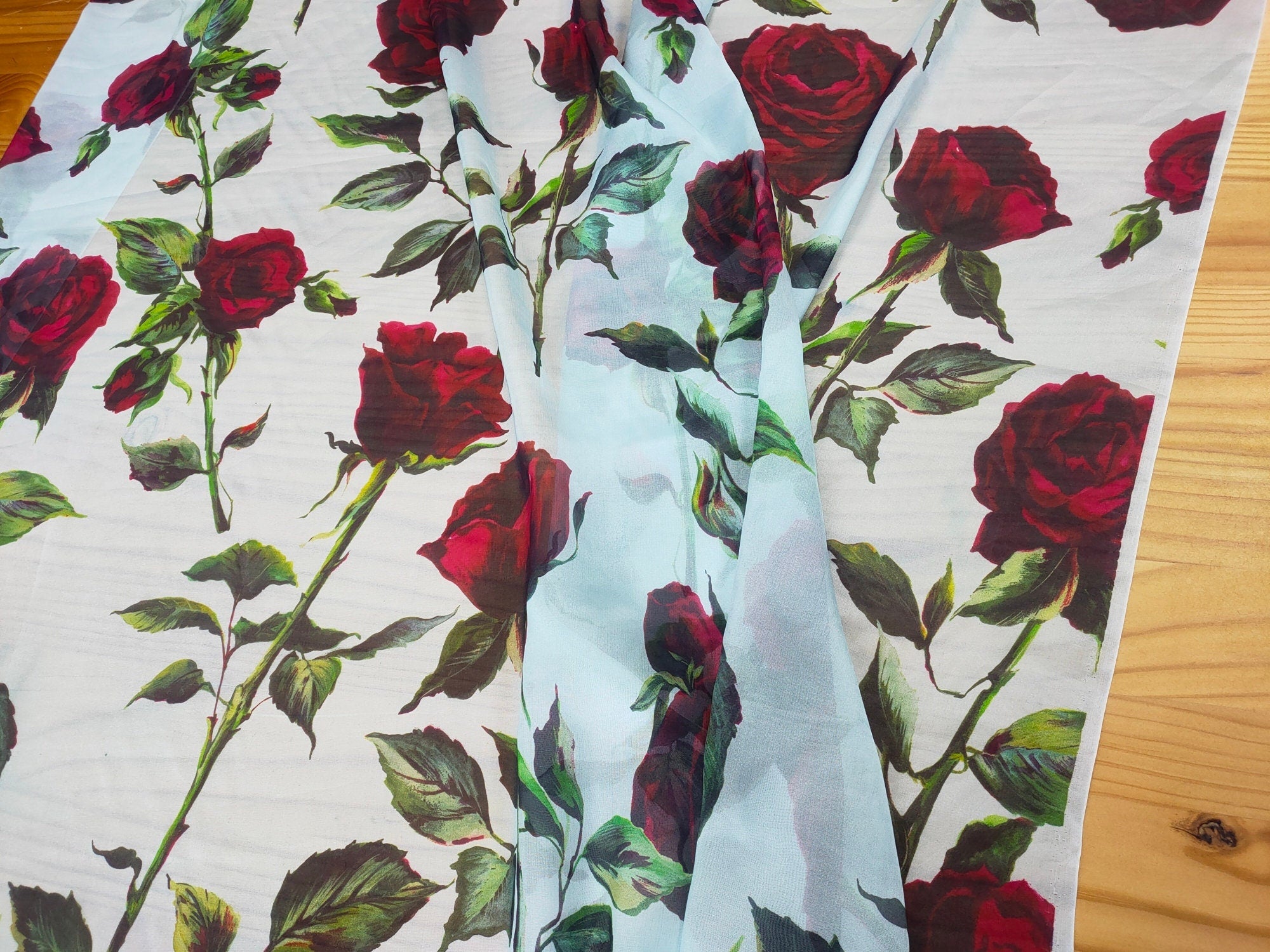 HONGMG - 10 Momme Red Rose on Light Blue Silk Chiffon Fabric - 130cm wide by the Yard