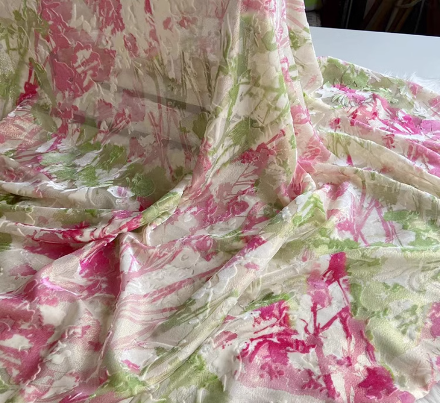 FENJIN - Pink and Green Color-Block Paisley Printing Silk Velvet Fabric - 140cm wide by the Yard