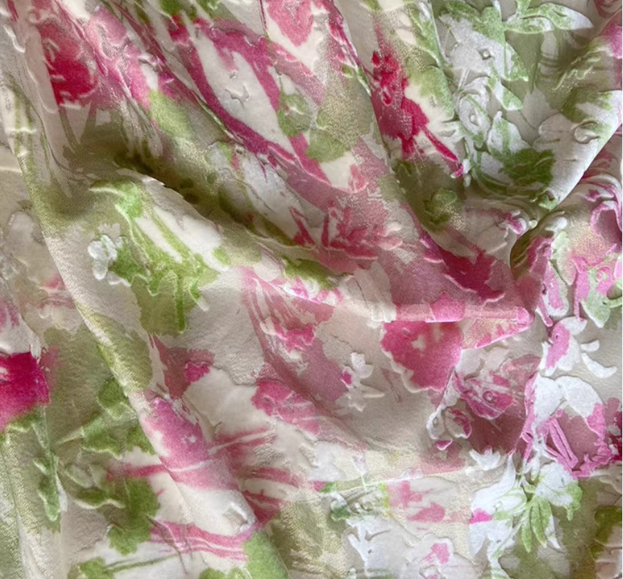FENJIN - Pink and Green Color-Block Paisley Printing Silk Velvet Fabric - 140cm wide by the Yard