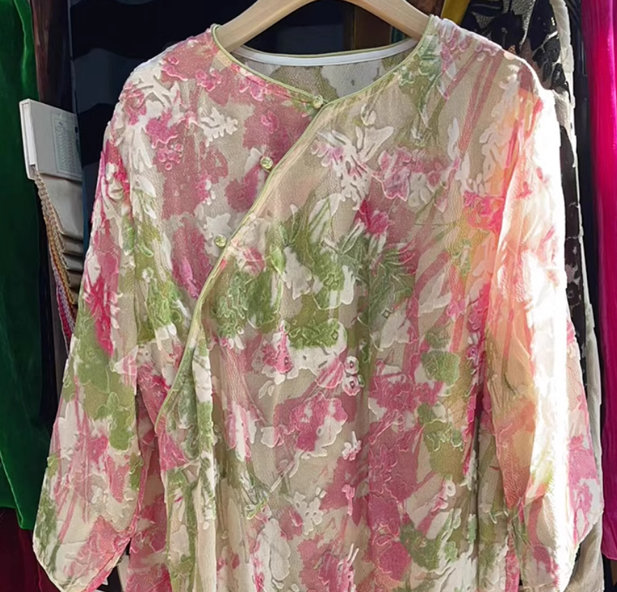 FENJIN - Pink and Green Color-Block Paisley Printing Silk Velvet Fabric - 140cm wide by the Yard