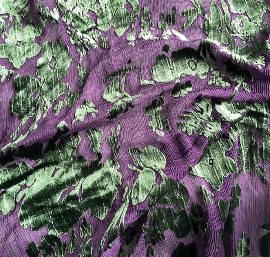VTOUSH - Purple Base and Green Floral Burnout Pattern Paisley Printing Silk Velvet Fabric - 120cm wide by the Yard