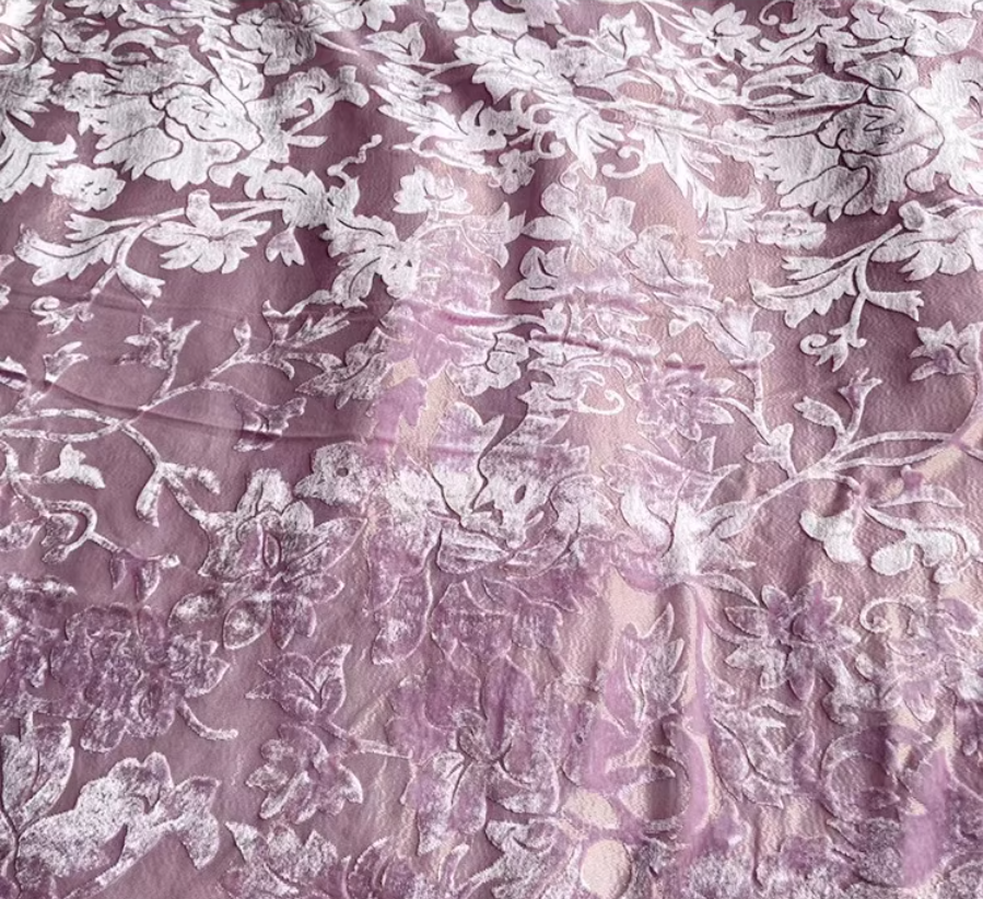 BVTFENZSE -  Pinkpurple Floral Semi-Sheer Metallic Gold Burnout Silk Velvet Fabric - 140cm wide by the Yard