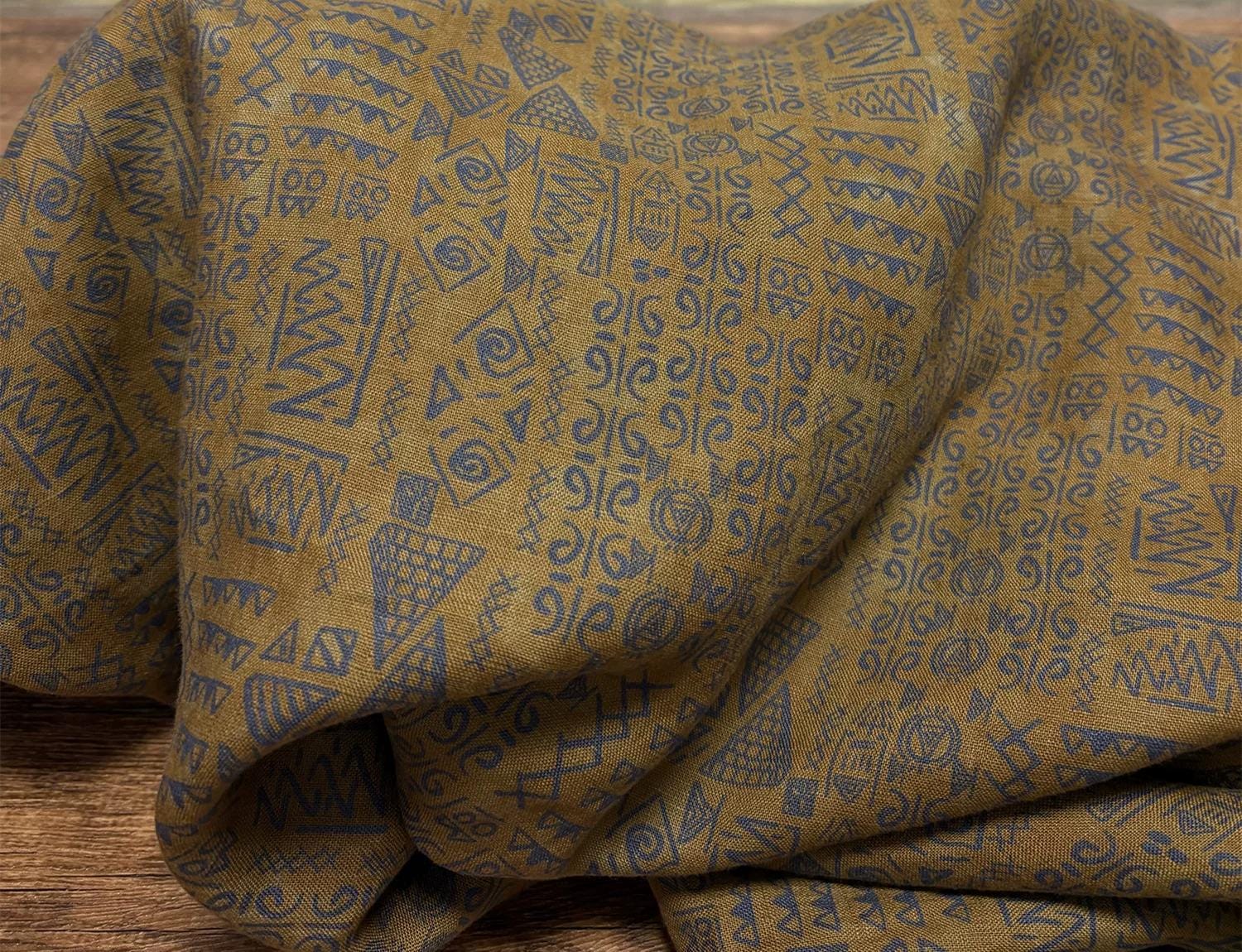 BJGUZH - 100% Linen, Vintage Green and Yellow Digital Print, 200 gram 135cm wide by the Yard