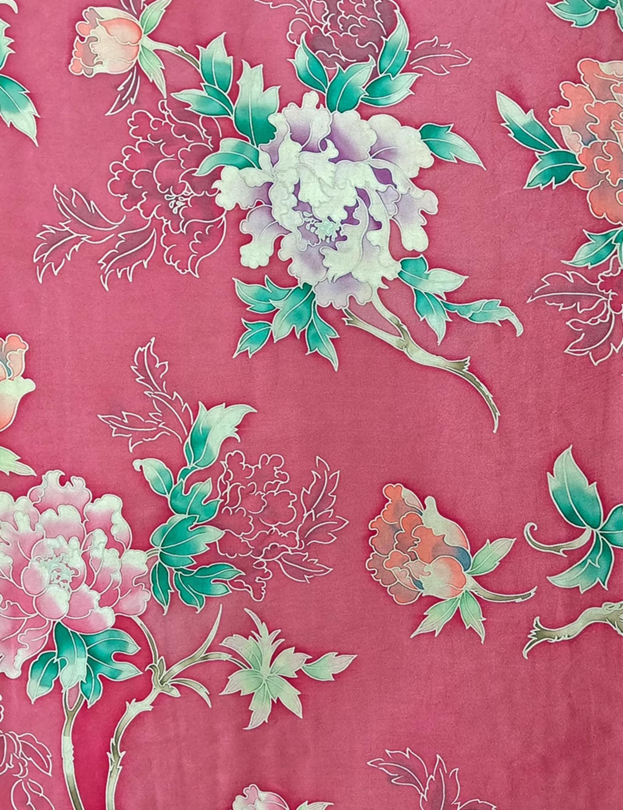 GYHDMD - Red Handmade 40 Momme Painted Peony Mud Silk Satin Fabric - 112cm By the Yard