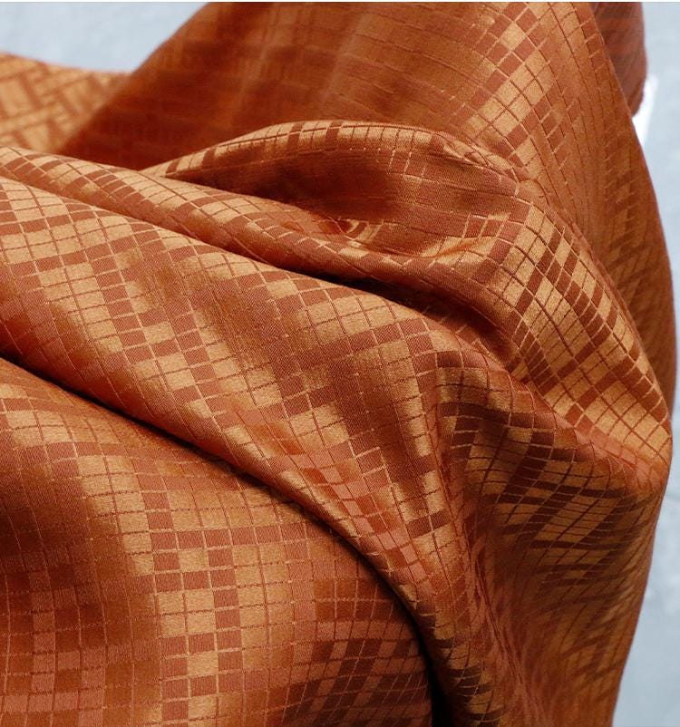 SIMOJT - 25 Momme Caramel Color Checkered Jacquard  Mulberry Silk Wool  Blend Silk Fabric - 138cm wide by the Yard