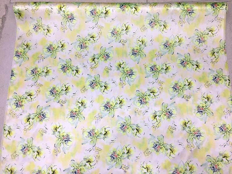 SZDSMH- 14 Momme Fluorescent Green Ink Floral Print Stretch  Charmeuse Silk Satin Fabric - 114cm wide by the Yard