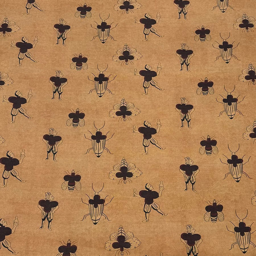 a repeating pattern of stylized black and white insect figures on a beige background.
